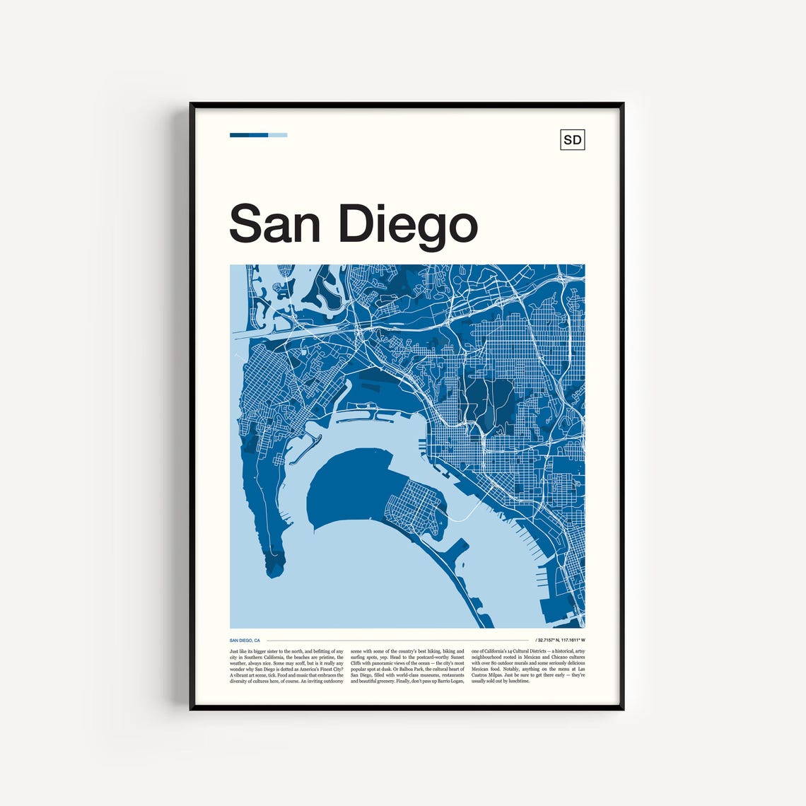 San Diego California Blue City Street Map Modern Minimalist Poster