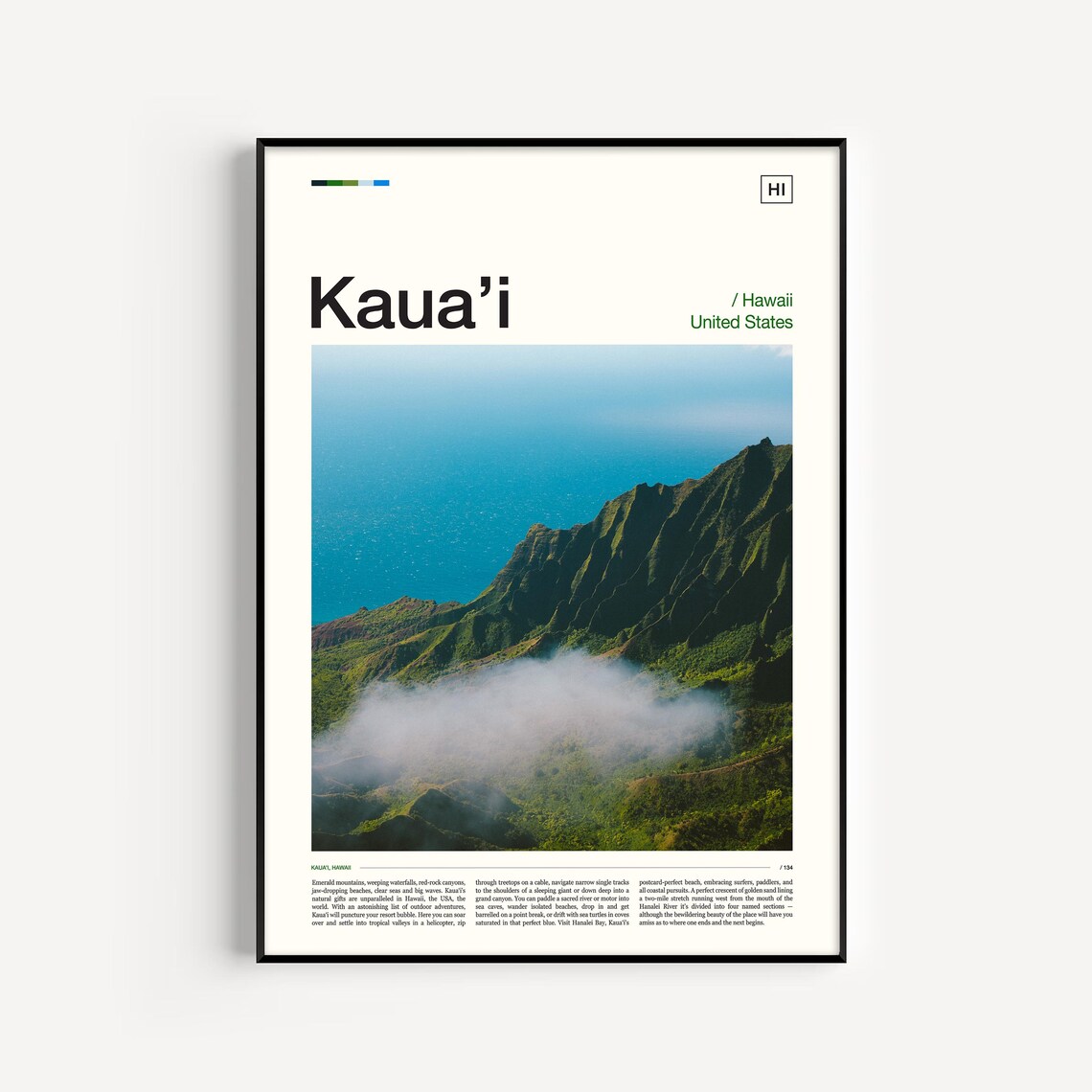Kauai Hawaii Travel Poster, Tropical Island Wall Art