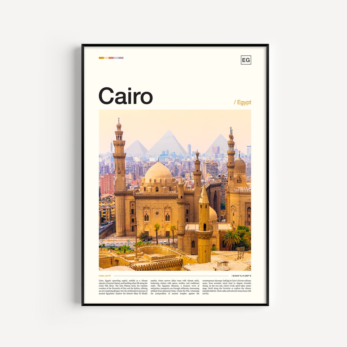Cairo Egypt Mosque Giza Pyramids Golden Sky Scenic Photo Poster