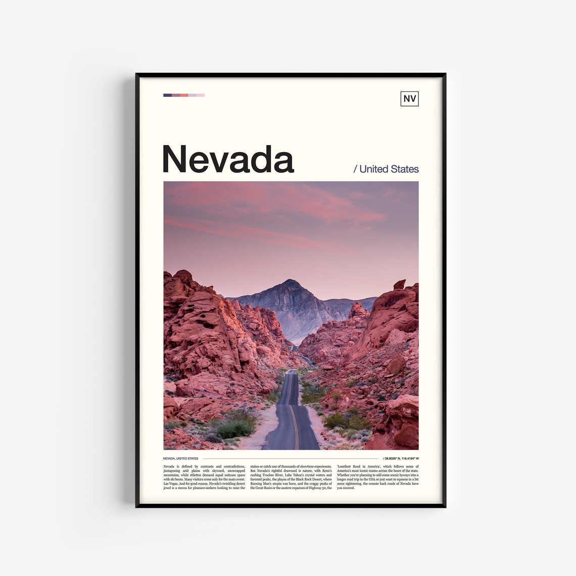 Nevada Scenic Desert Red Rock Road Sunset Editorial Travel Poster