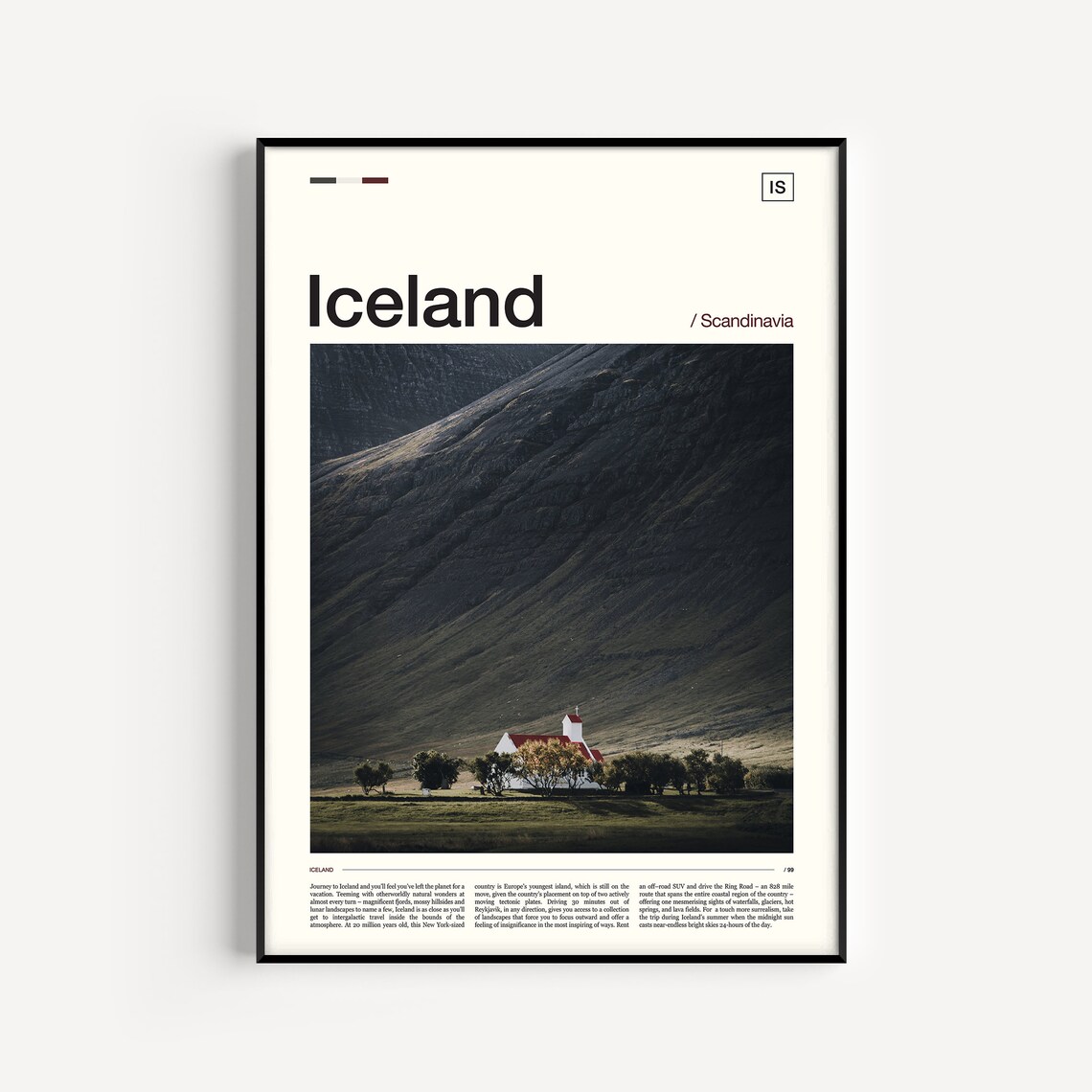 Iceland Church Red Roof Dark Mountain Fjord Landscape Poster