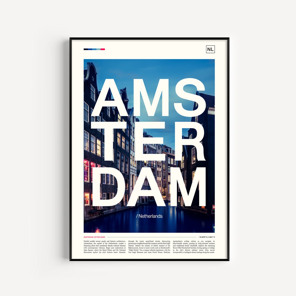 Amsterdam Netherlands Canal Houses Dusk Bold Typography Travel Poster