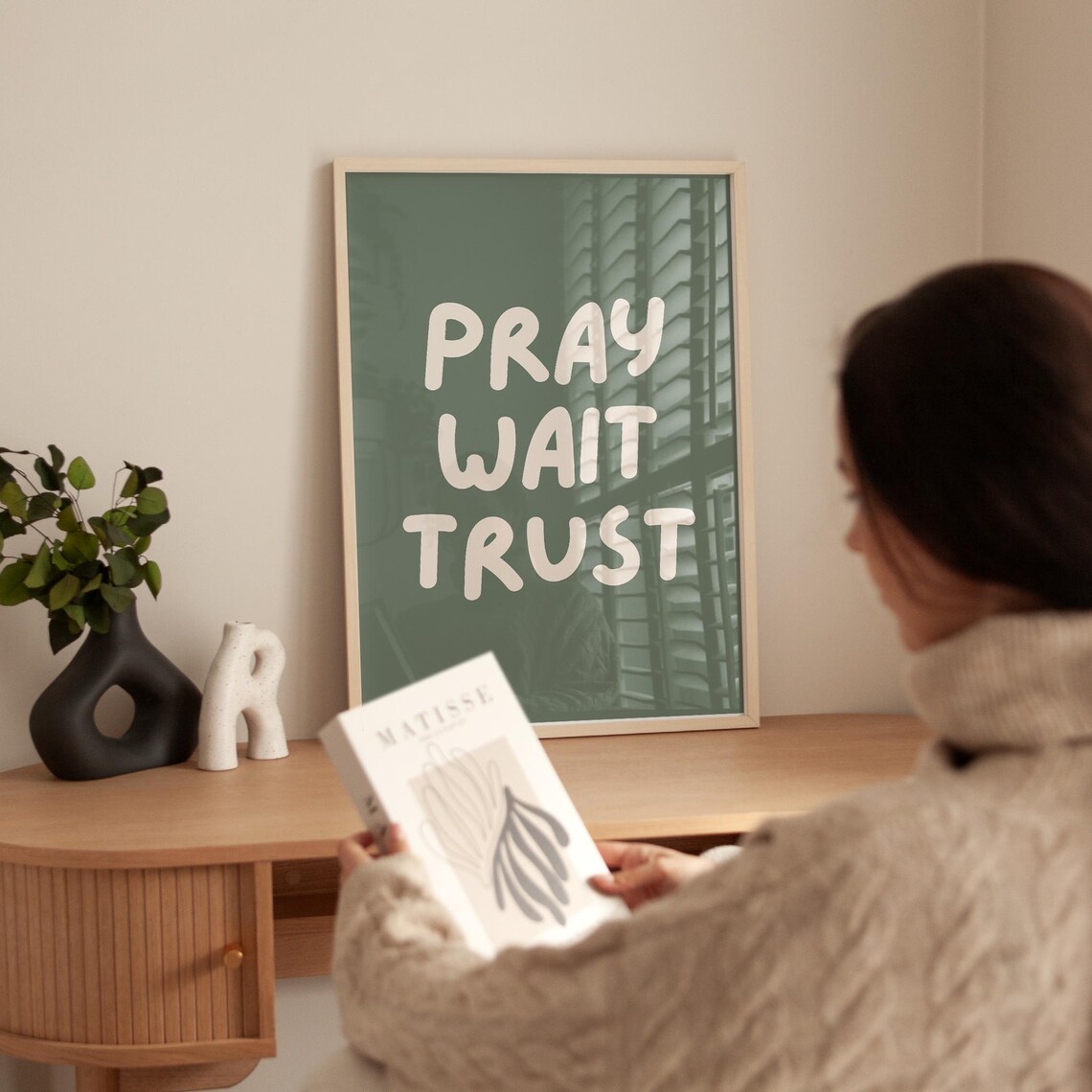 Pray Wait Trust Sage Green Retro Lettering Christian Faith Quote Poster - Image 3