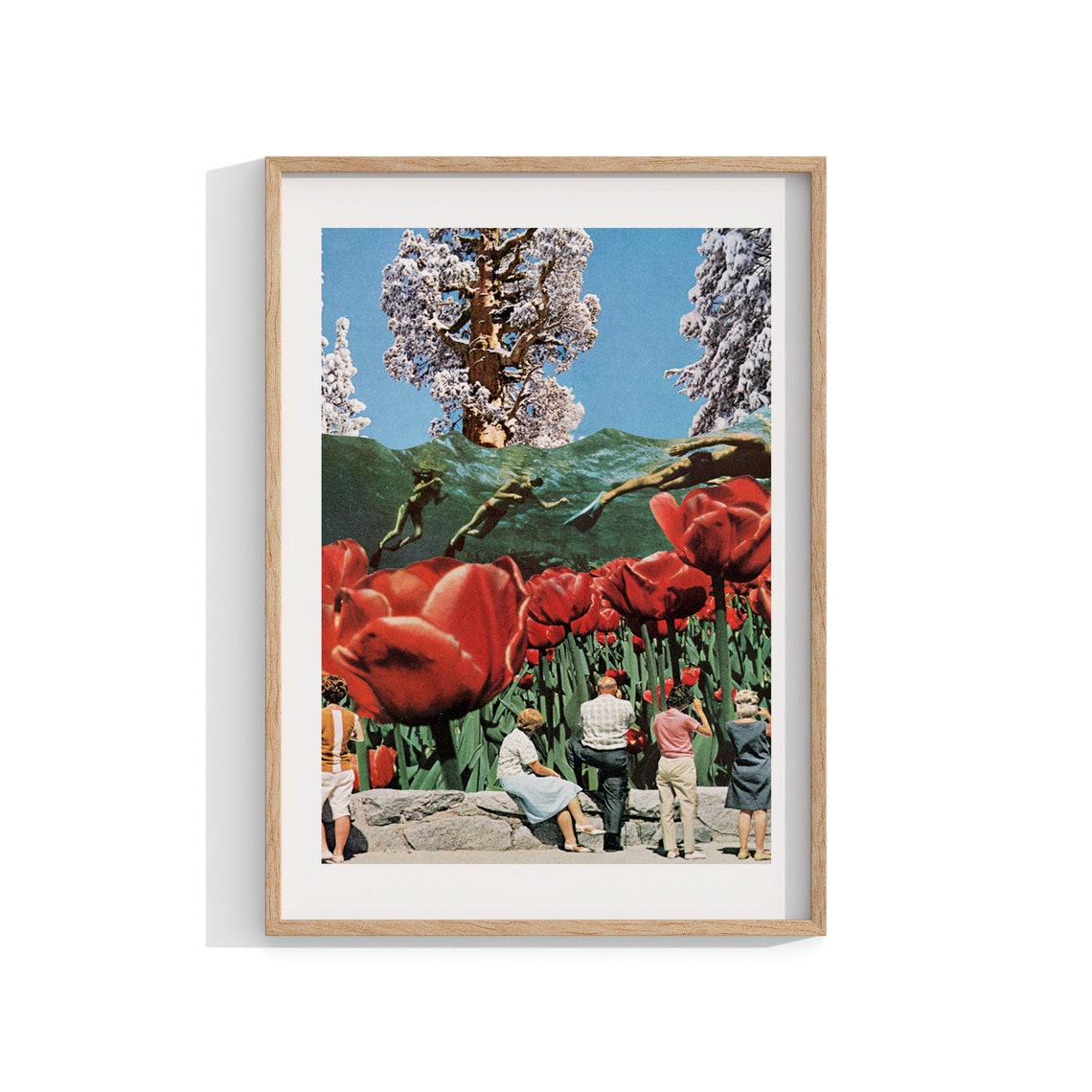 Vintage Red Tulips Retro Collage Wall Art Print