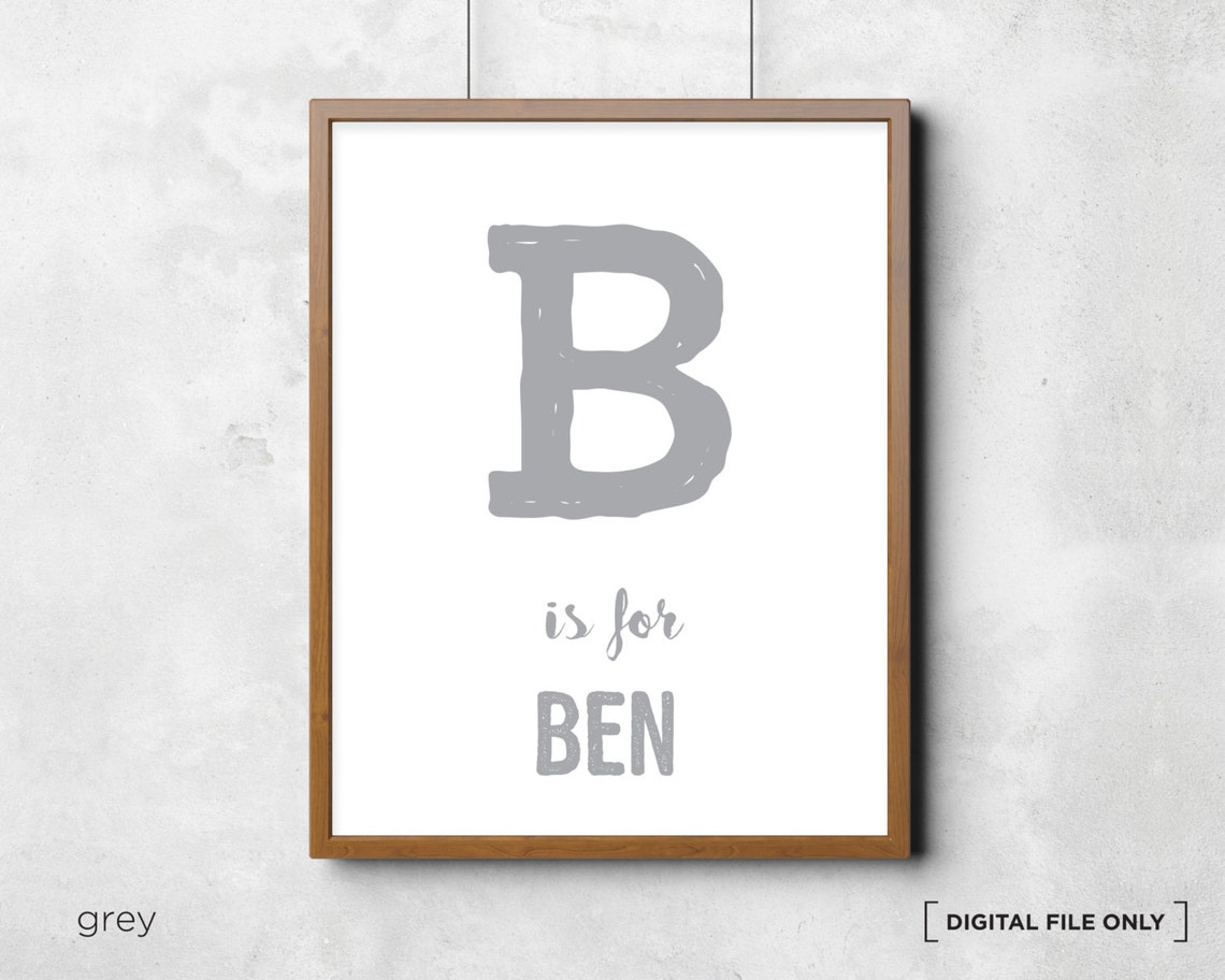 Letter B Is For Ben Grey Initial Personalized Nursery Poster