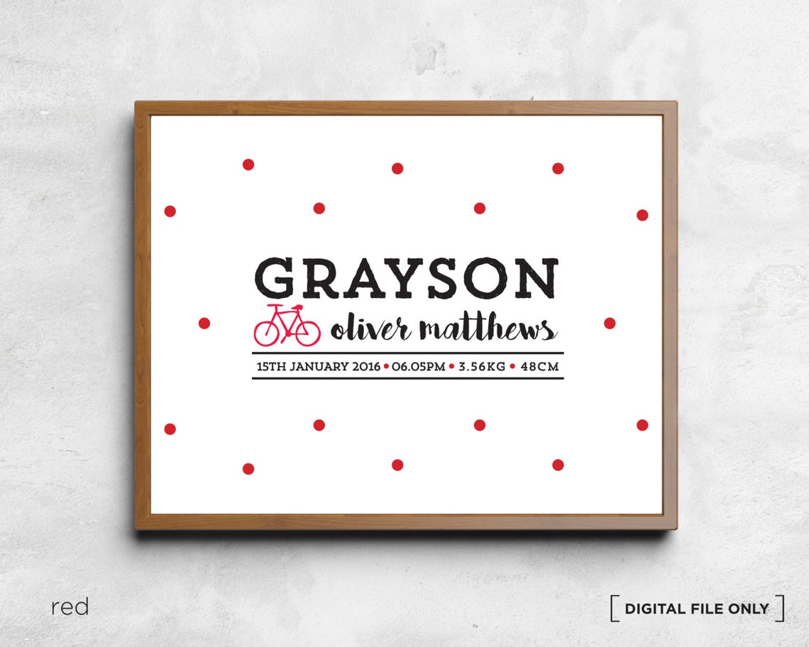 Red Bicycle Birth Stats Personalized Baby Boy Nursery Poster