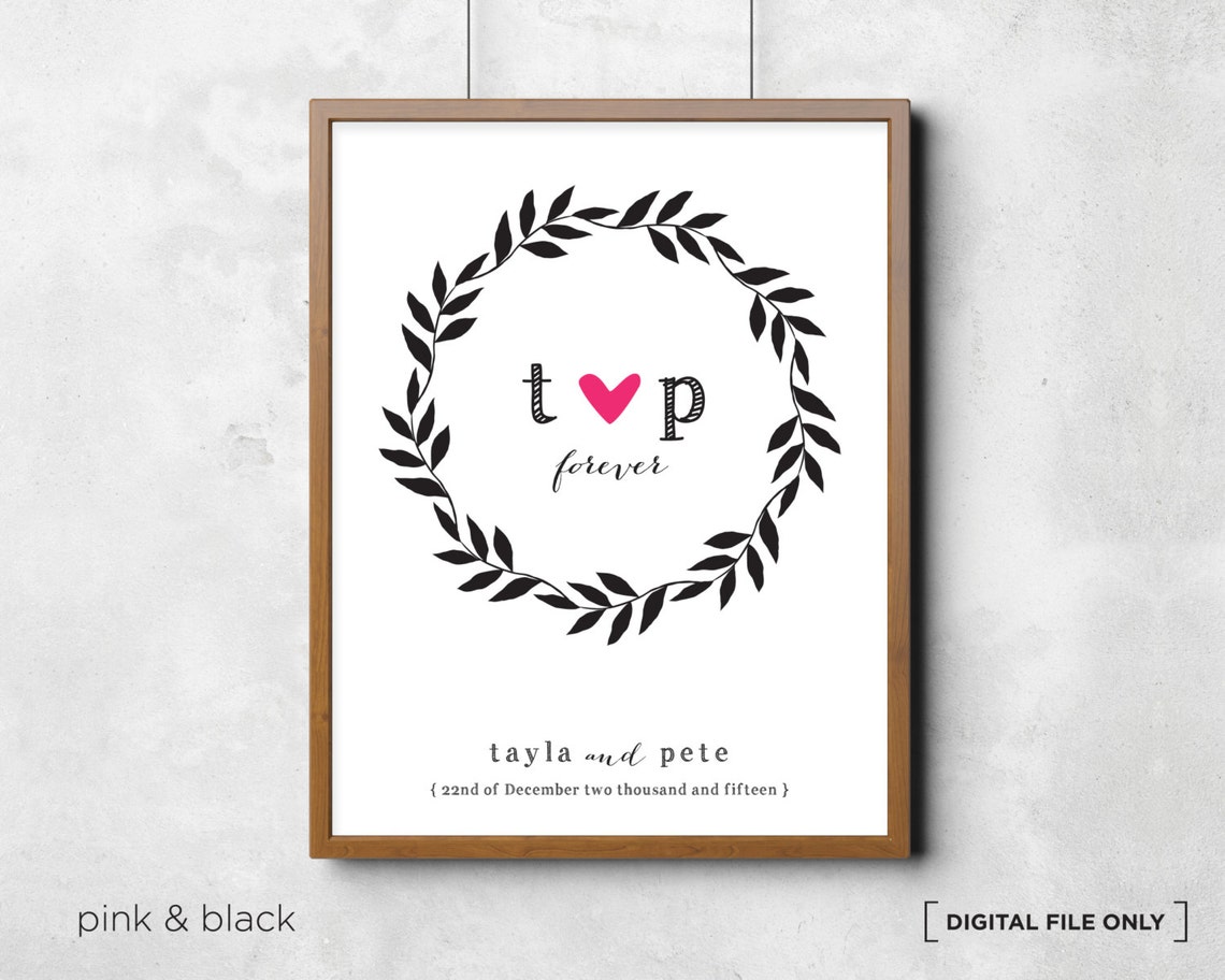 Personalized Wedding Love Heart Wreath Couple Names Date Poster