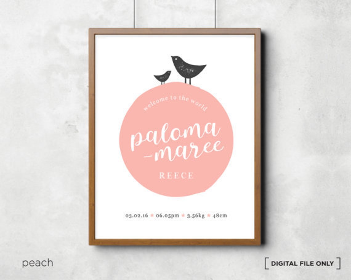 Peach Bird Circle Baby Girl Birth Announcement Decor Wall Art