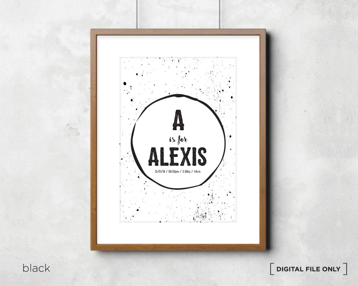 Monochrome Alphabet Birth Stats Personalized Baby Announcement Print