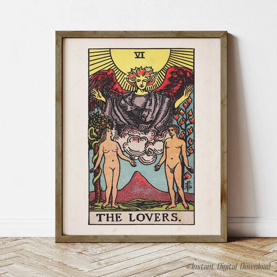 The Lovers Tarot Card VI Rider Waite Smith Vintage Tarot Poster