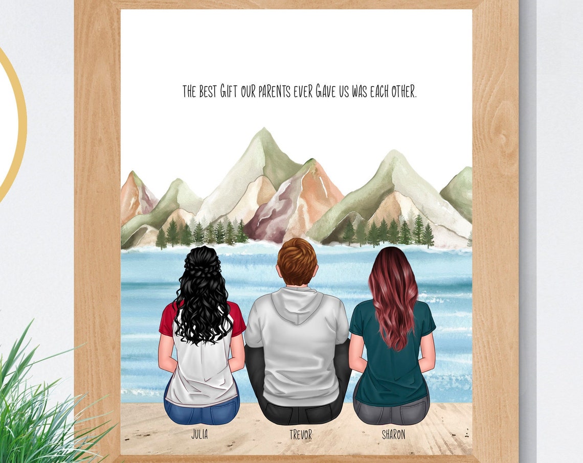 Custom Siblings Mountain Lake Portrait Brother Sister Gift Poster