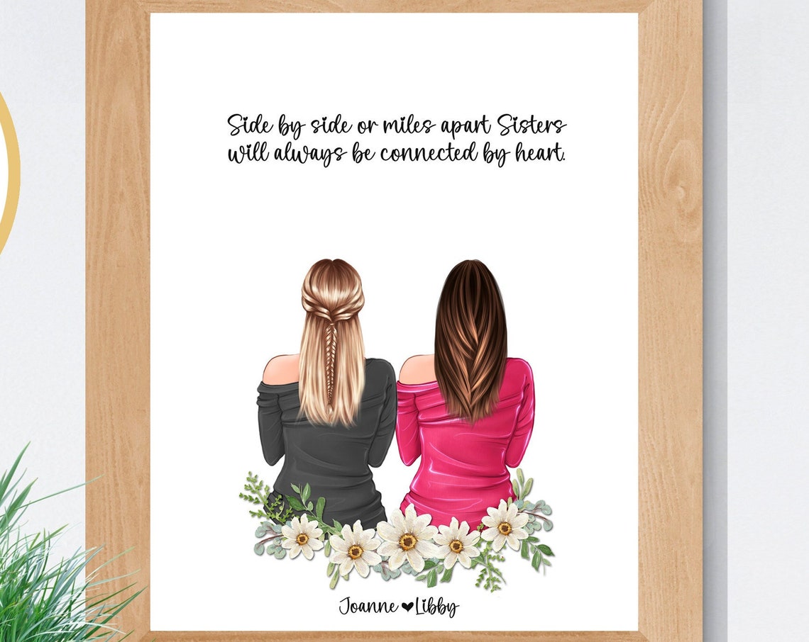 Personalized Two Sisters Daisy Portrait Friendship Gift Poster