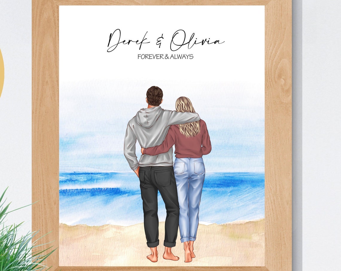 Personalized Couple Beach Portrait Custom Anniversary Gift Poster