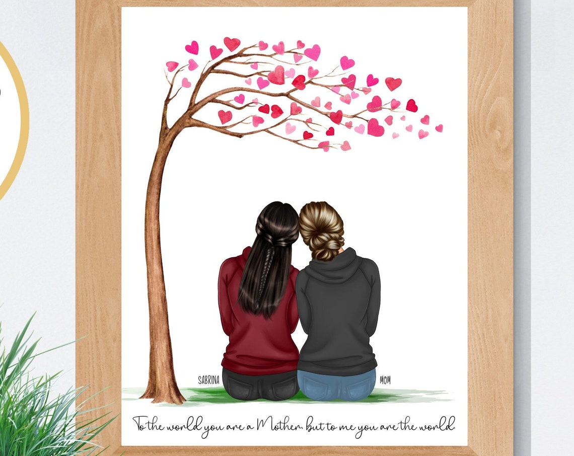 Custom Mother Daughter Portrait Beneath Pink Heart Tree Poster