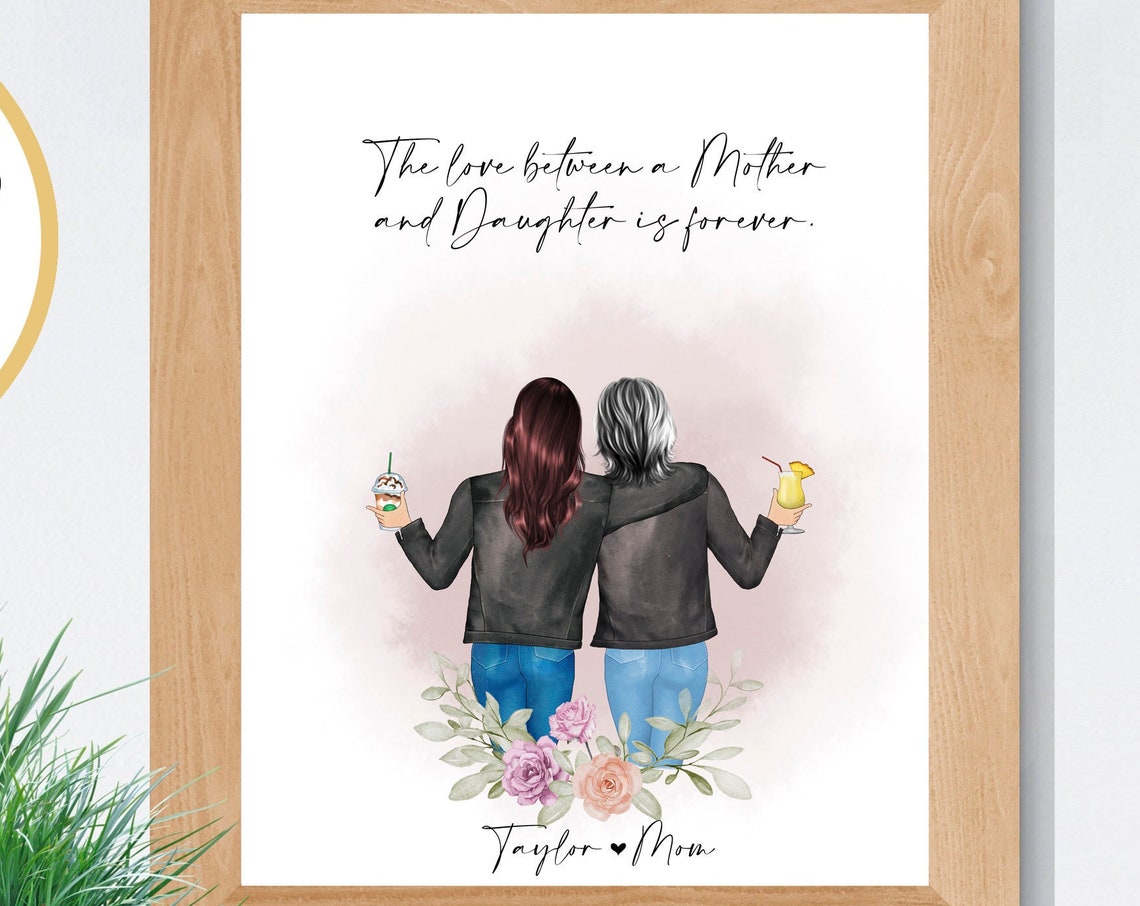 Personalized Mother Daughter Drinks Portrait Floral Gift Poster