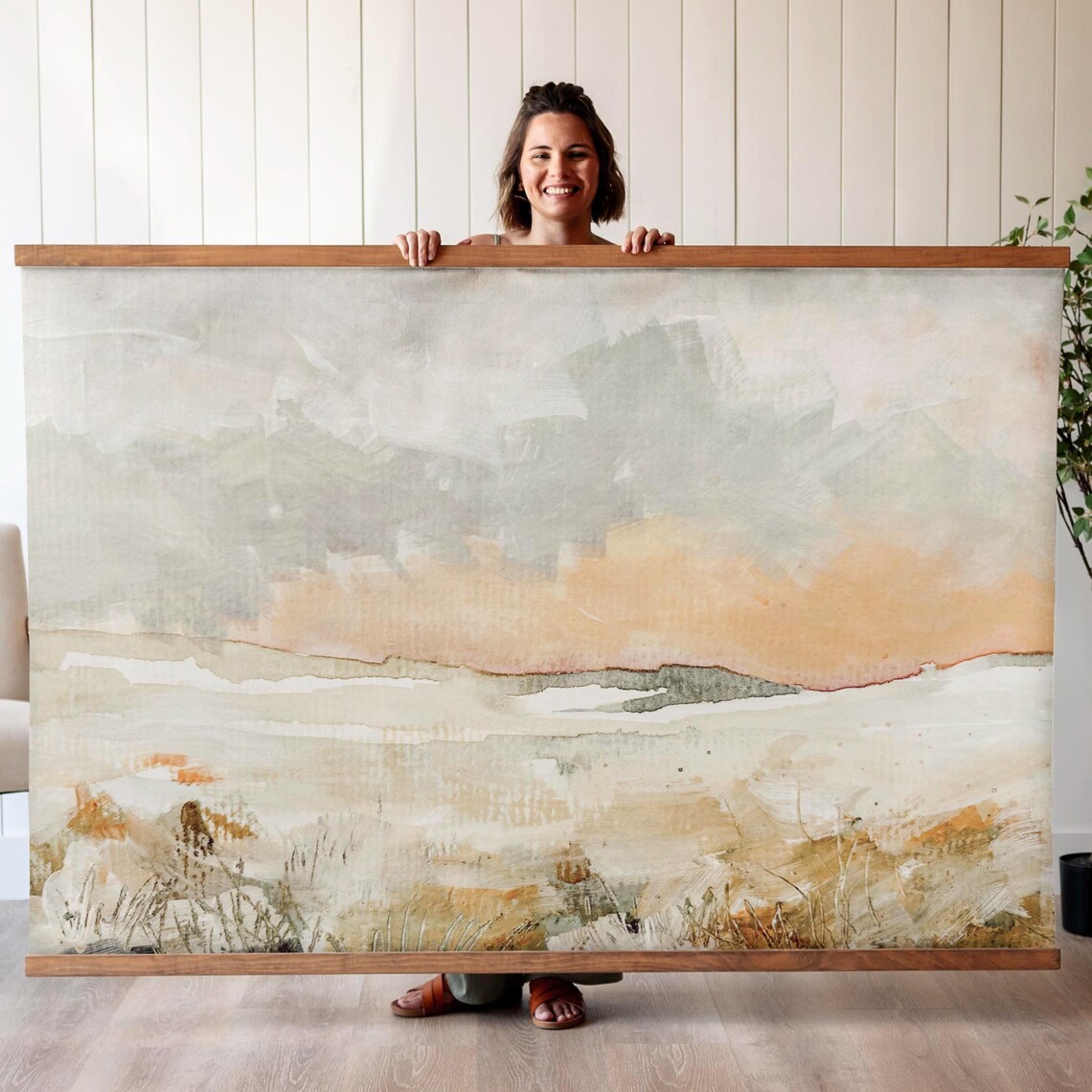 Soft Peach and Grey Abstract Landscape Watercolor Painting Poster - Image 3