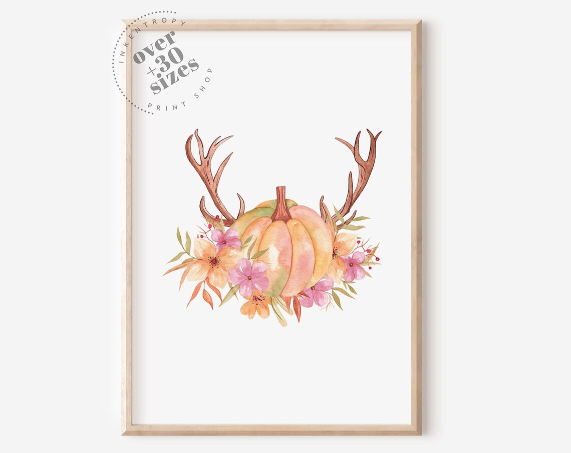 Watercolor Pumpkin with Antlers Floral Fall Harvest Wall Art Print
