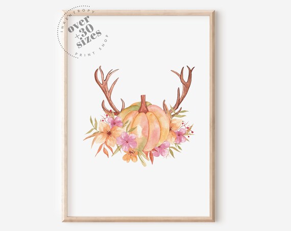 Watercolor Pumpkin with Antlers Floral Fall Harvest Wall Art Print