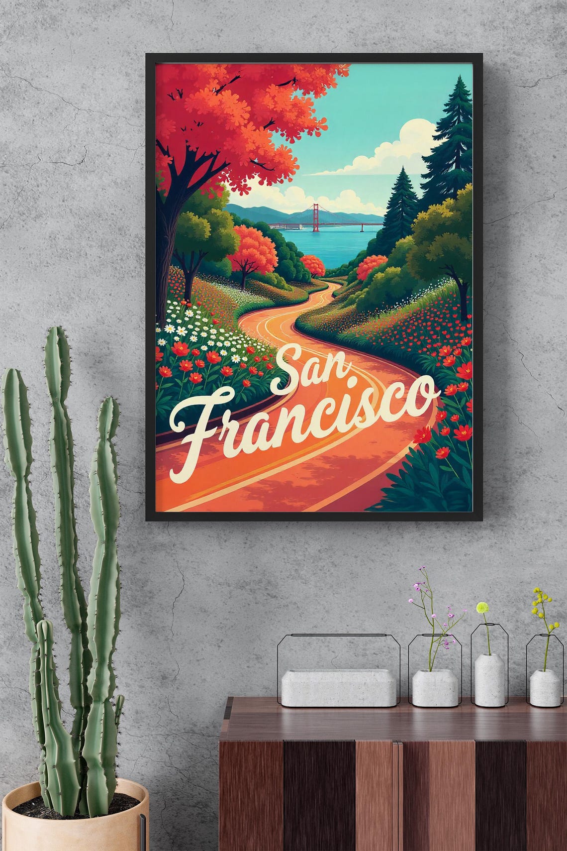 San Francisco Winding Road Flower Hills Golden Gate Script Poster