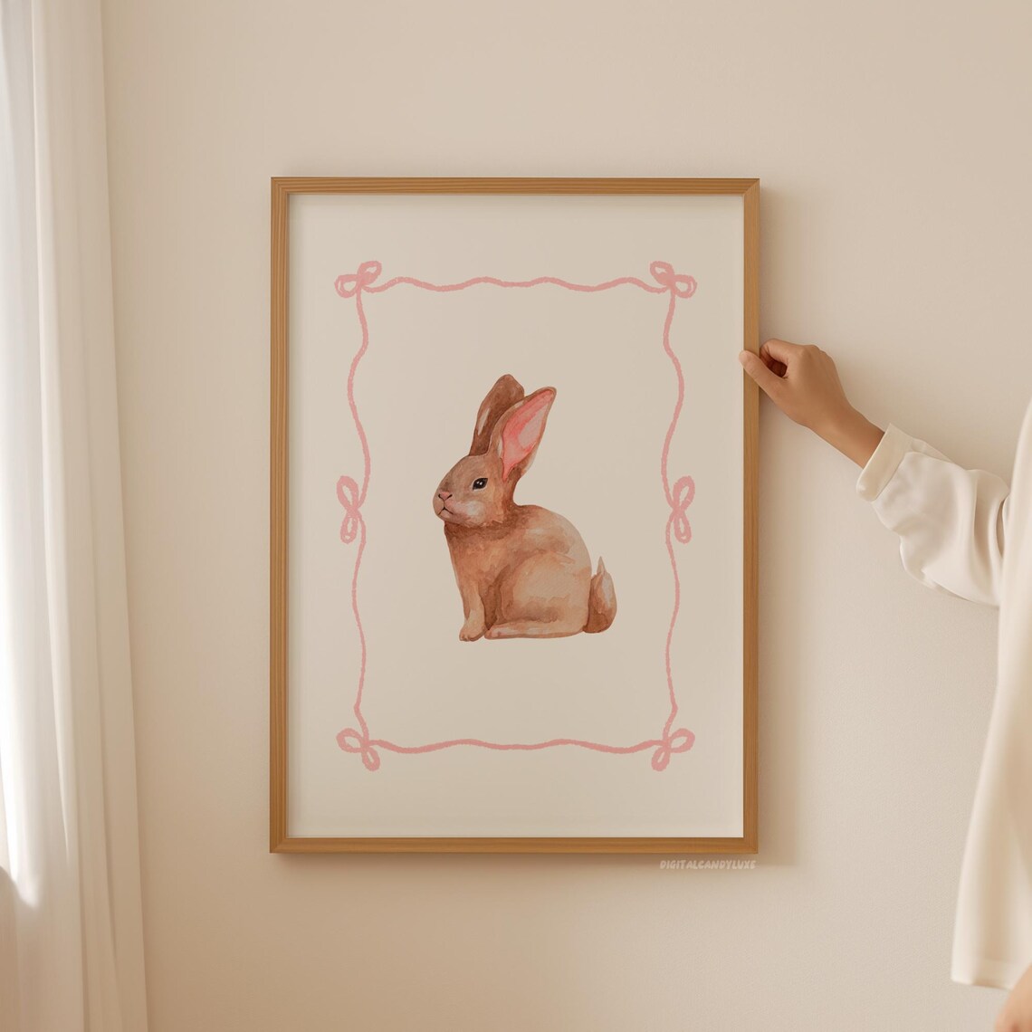 Brown Bunny Watercolor Pink Bow Coquette Nursery Animal Poster - Image 2