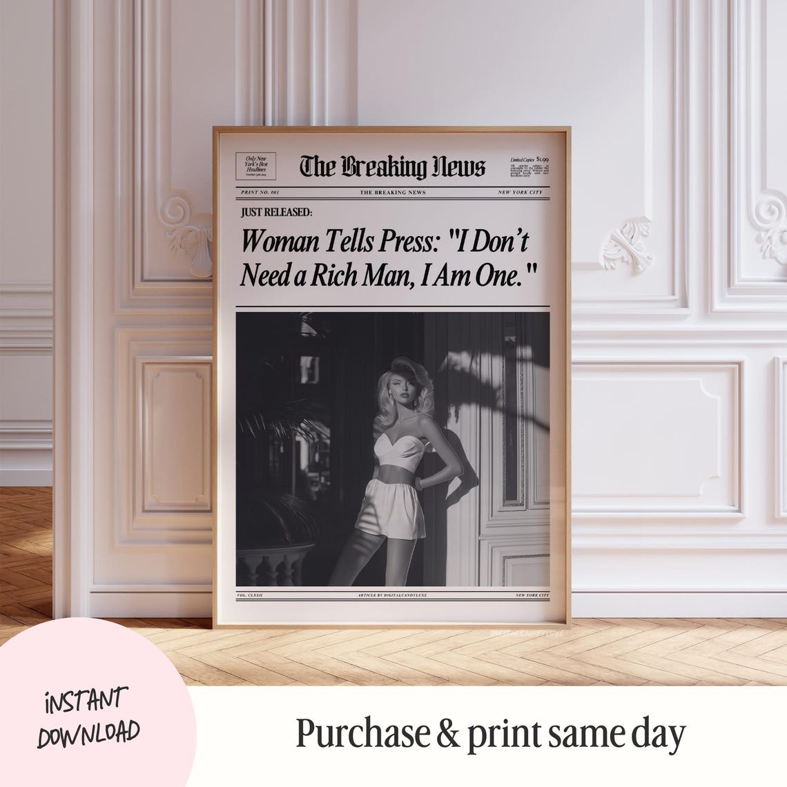 I Don't Need a Rich Man Satirical Feminist Newspaper Headline Poster - Image 2