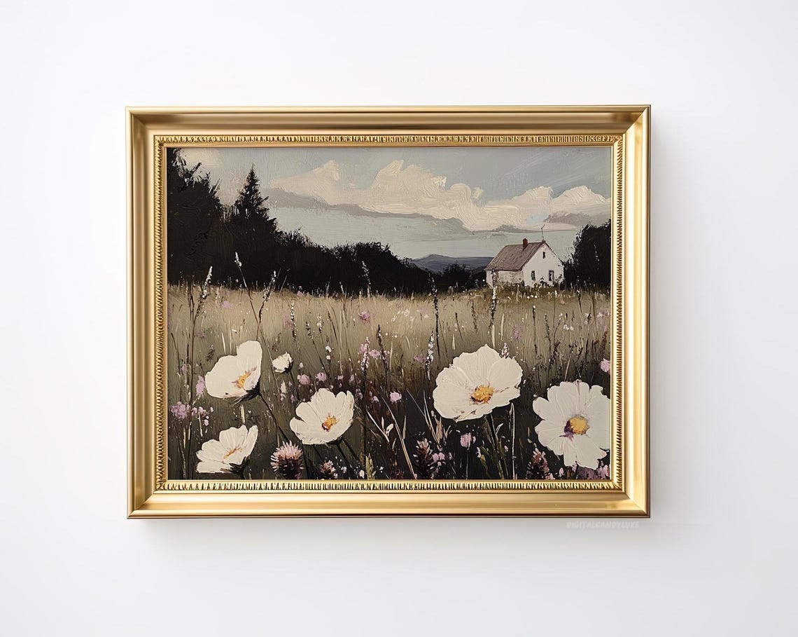 Moody White Cosmos Wildflower Meadow Cottage Landscape Poster