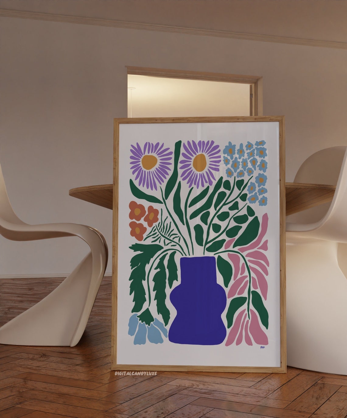 Colorful Abstract Floral Bouquet Blue Vase Modern Botanical Art Poster