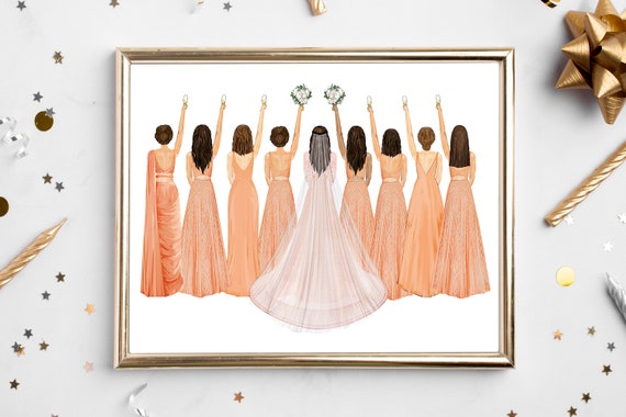 Personalized Indian Bridal Party Art Moh Bride Bridesmaid Custom Wedding Art Marriage Portrait Gift Best Friends Drawing Lengha