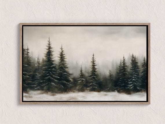 Vintage Winter Pine Forest Print Rustic Snowy Landscape Painting Antique Evergreen Decor Farmhouse Wall Art