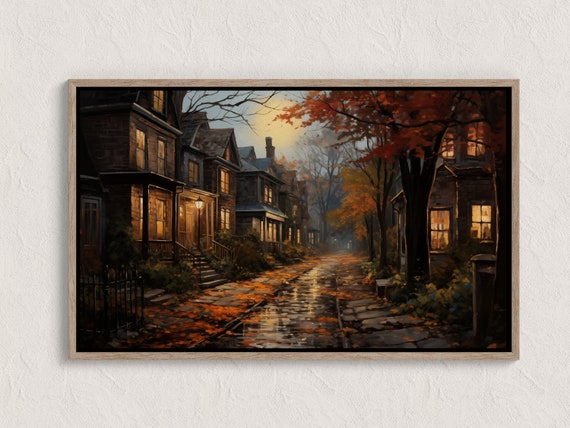Autumn Landscape Print Fall Wall Art City Vintage Style Oil Painting Country Farmhouse