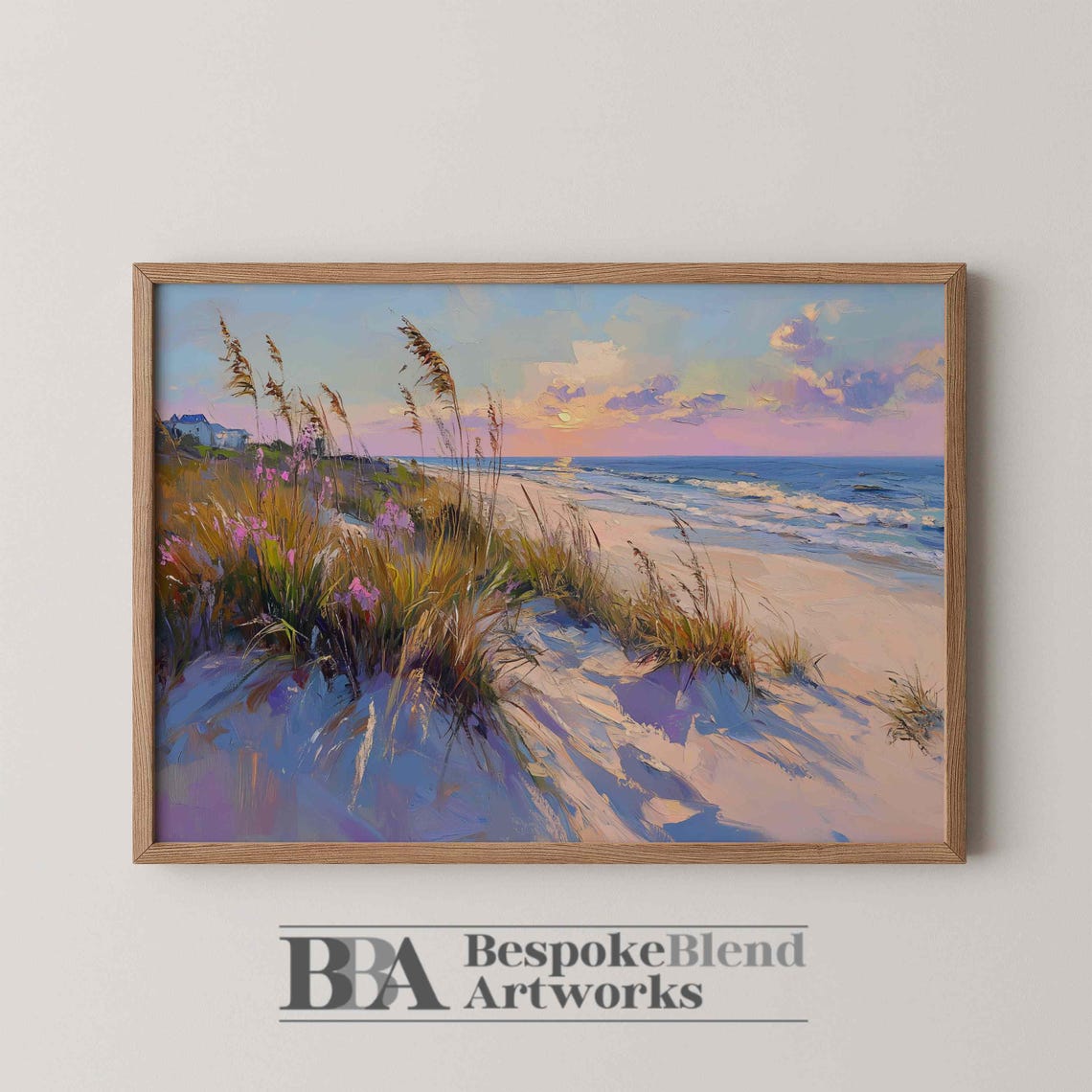 Pastel Sunset Beach Dunes Sea Grass Ocean Waves Painting Wall Art