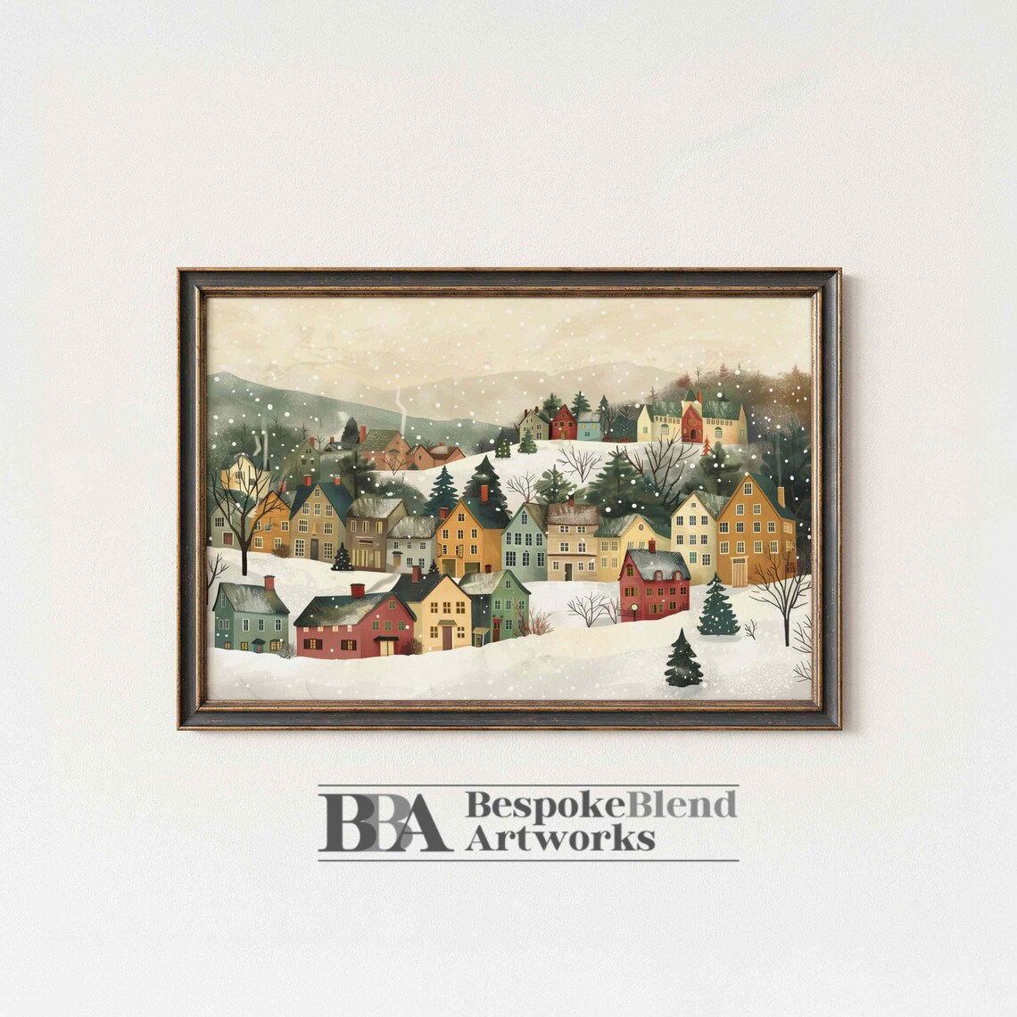 Snowy Winter Village Colorful Houses Falling Snow Holiday Art Poster