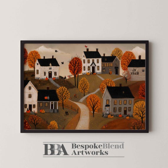 Neutral Fall Village Wall Art Thanksgiving Entryway Decor With Colonial Homes Pumpkins Winding Path And Muted Autumn Landscape