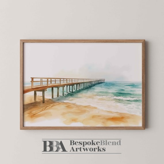 Neutral Coastal Pier Watercolor Poster Beach Boardwalk With Turquoise Waves Art