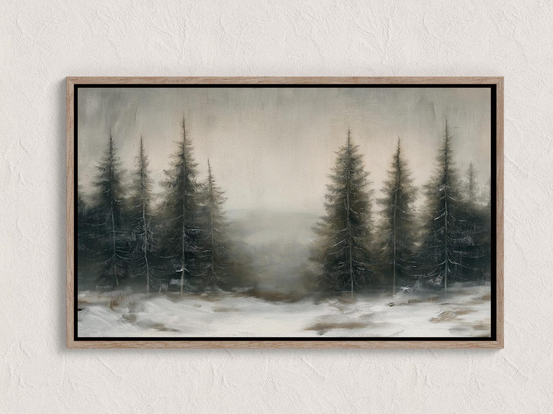 Snow Covered Pine Forest in Soft Winter Fog Serene Nature Poster