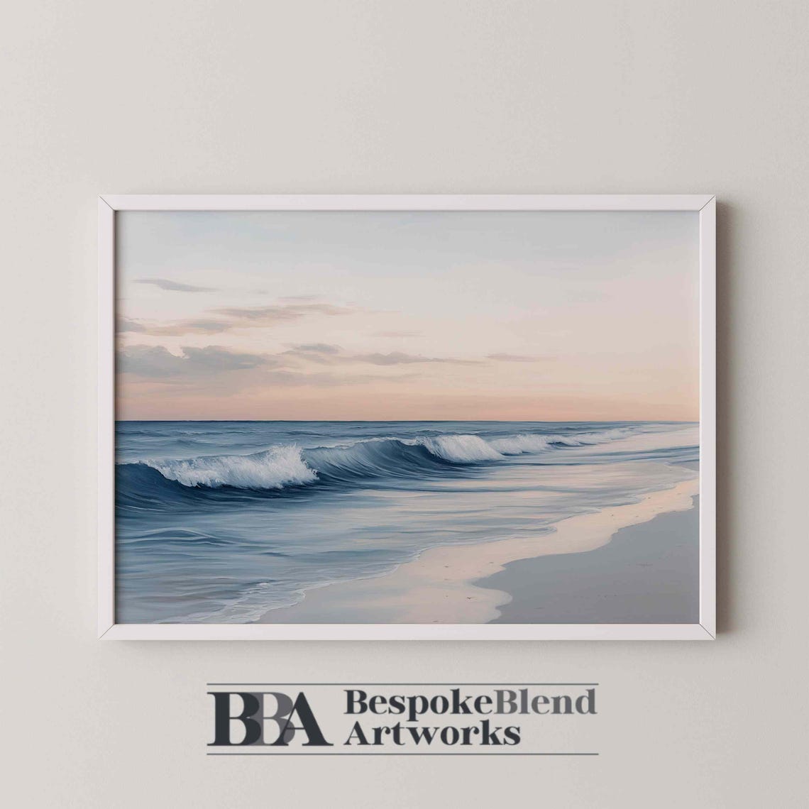 Soft Pink Sunrise Ocean Waves Tranquil Minimalist Beach Scene Poster