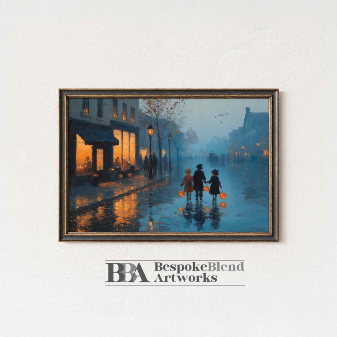 Autumn Rainy Night Lantern Street Children Painting Halloween Poster