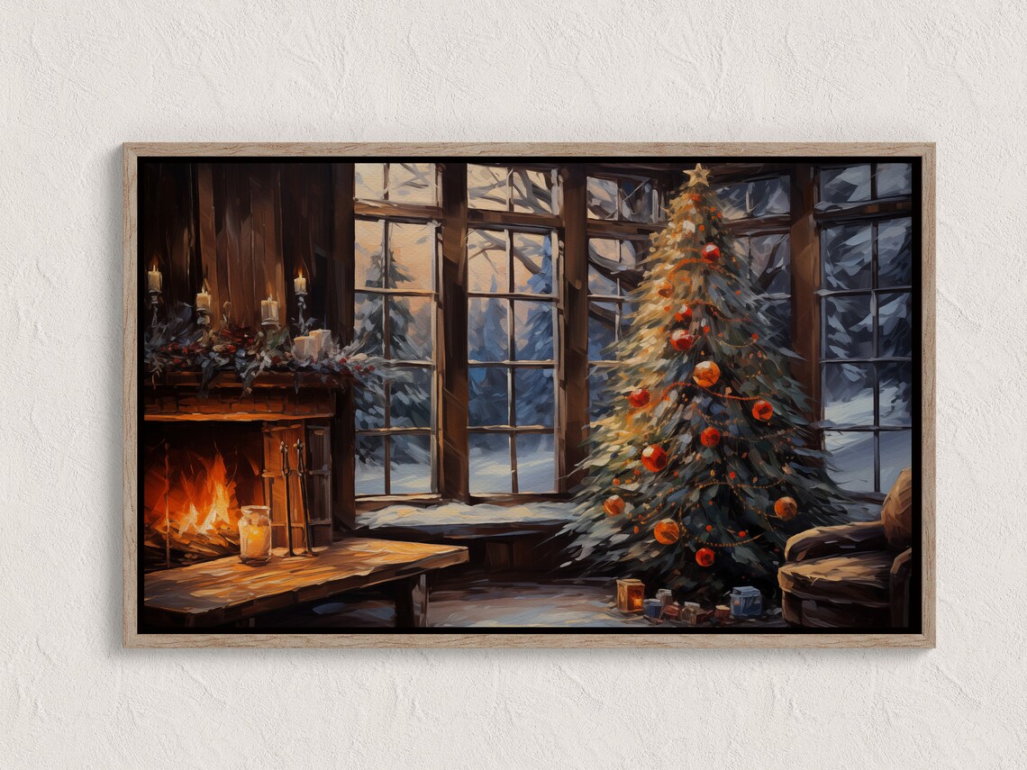 Cozy Christmas Cabin Fireplace Oil Painting Festive Holiday Wall Art