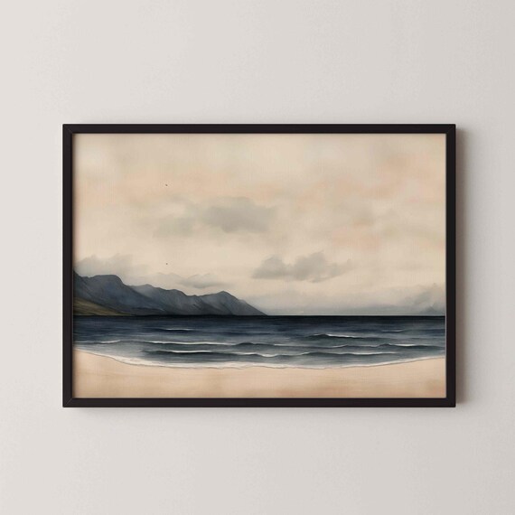 Serene Coastal Painting Beige Beach Blue Ocean Minimalist Art Poster