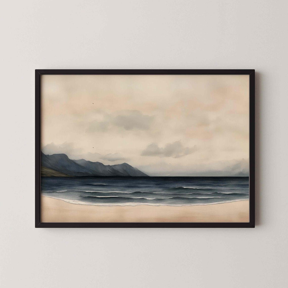 Serene Coastal Painting Beige Beach Blue Ocean Minimalist Art Poster