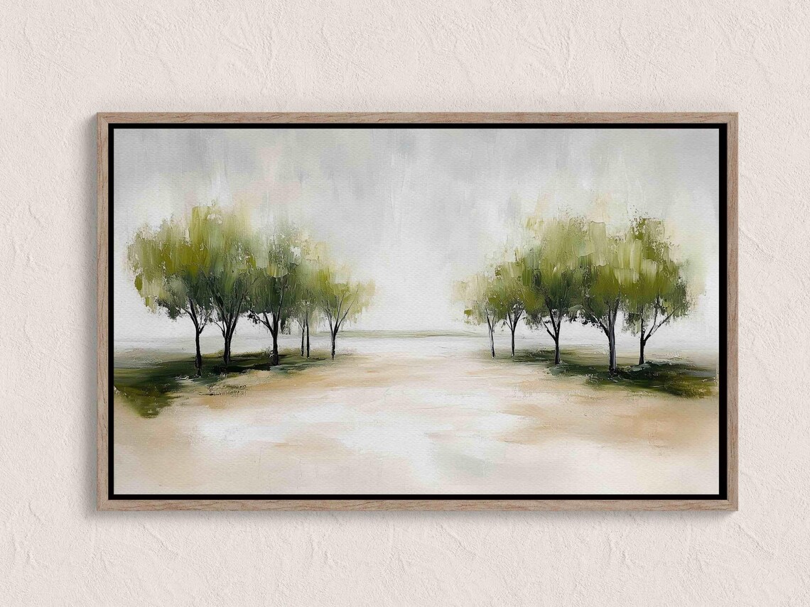Minimalist Landscape Painting Neutral Wall Art Modern Tree Print Abstract Natureinspired Artwork Green Gray Decor Large