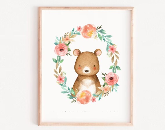 Bear Floral Printnursery Wall Art Girls Bedroom Decor Baby Print Animal Prints Large Watercolour Flowers Pink Roses