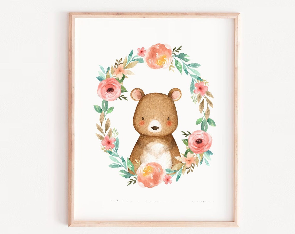 Cute Bear Watercolor Poster with Pink Floral Wreath for Nursery Decor