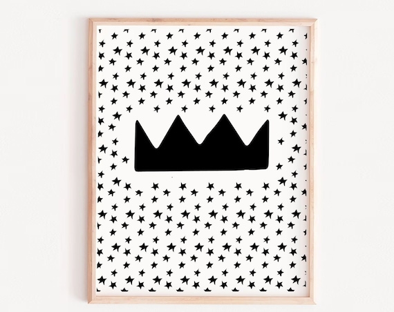 Black Crown And Stars Monochrome Nursery Minimalist Wall Art