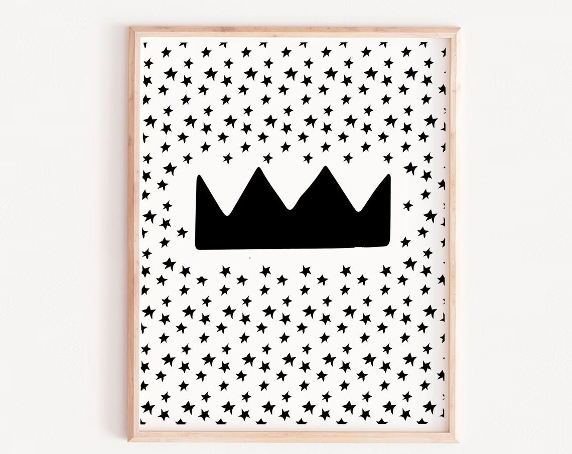 Black Crown And Stars Monochrome Nursery Minimalist Wall Art