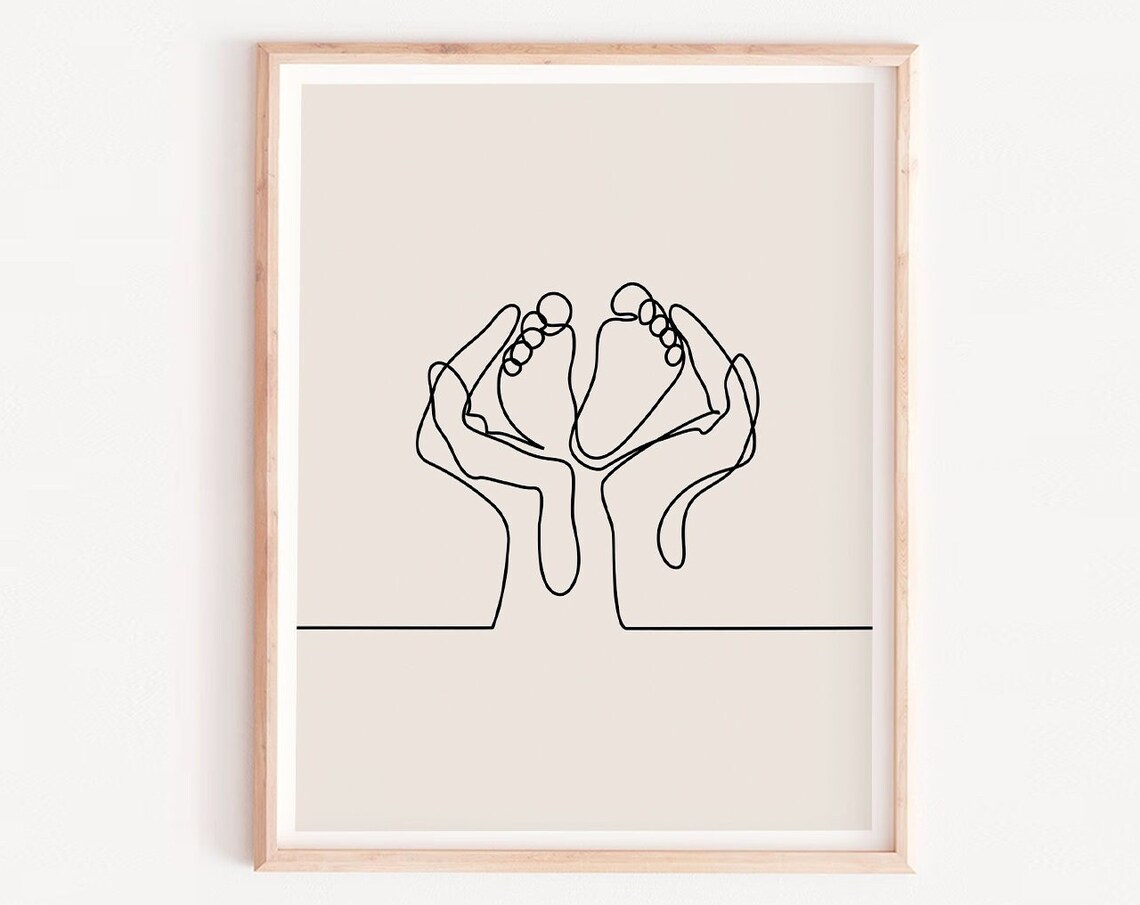 Baby One Line Drawing Hands Holding Foot, Nursery Decor
