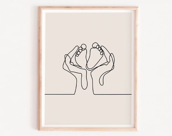 Baby One Line Drawing Hands Holding Foot, Nursery Decor