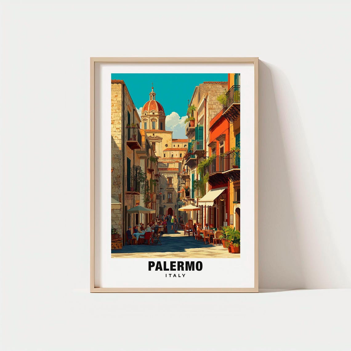 Palermo Italy Sunlit Old Town Street and Domed Church Poster