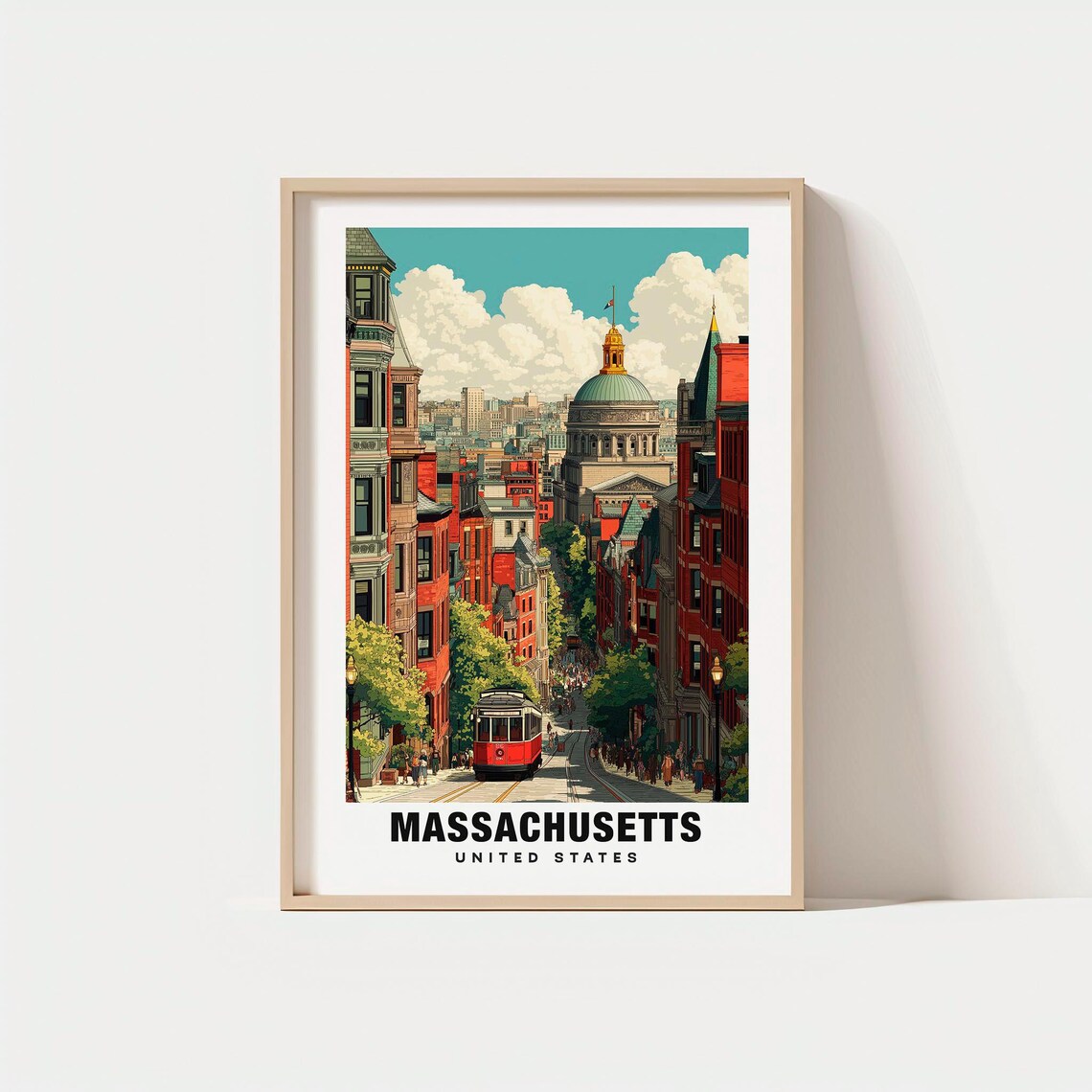 Massachusetts Boston State House Trolley Street Travel Poster