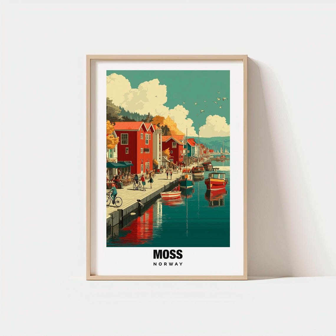 Moss Norway Red Wooden Harbor Buildings Autumn Travel Poster